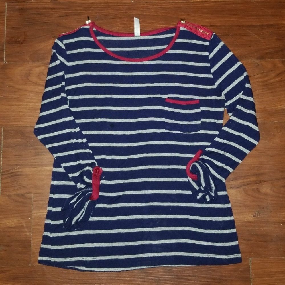 Stripped Navy Blue, Gray, & Red blouse.